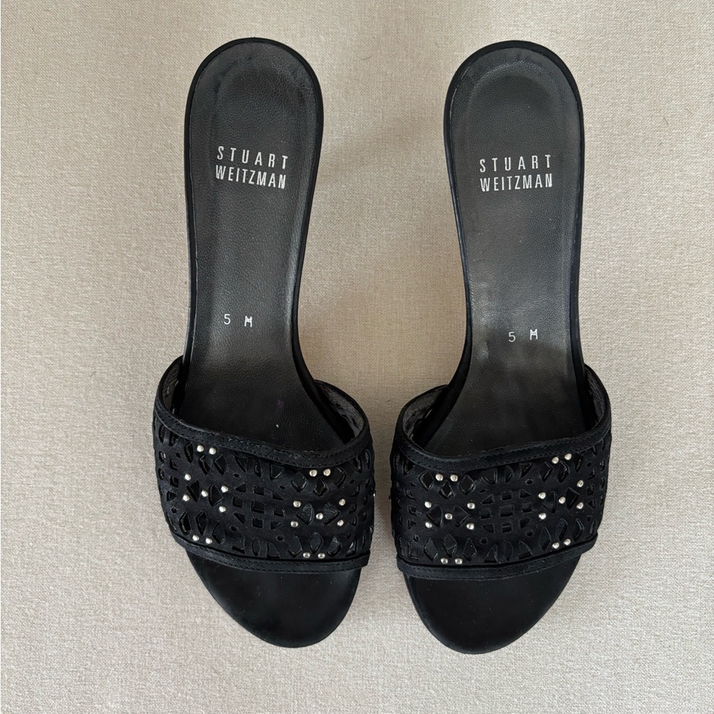 Stuart Weitzman kitten heels sandals black suede leather silver studs 5 - Picture 2 of 9